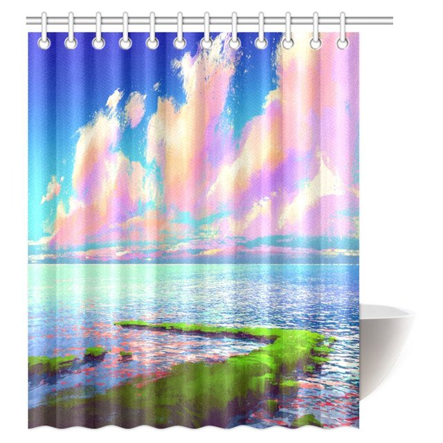 ABPHQTO Cortina de ducha con pintura de paisaje Salida del sol mágica sobre el mar Cielo colorido Reflejo en el horizonte del mar Cortina de ducha con vista 150x180 cm