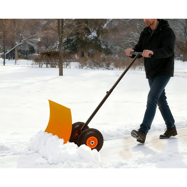JoanKaren Pelle à Neige de 29 Pouces avec Roues, Pousse-Neige en Métal Robuste, Lame Inclinée à 5 Positions et Poignée à Hauteur Réglable à 5 Niveaux, Orange et Noir