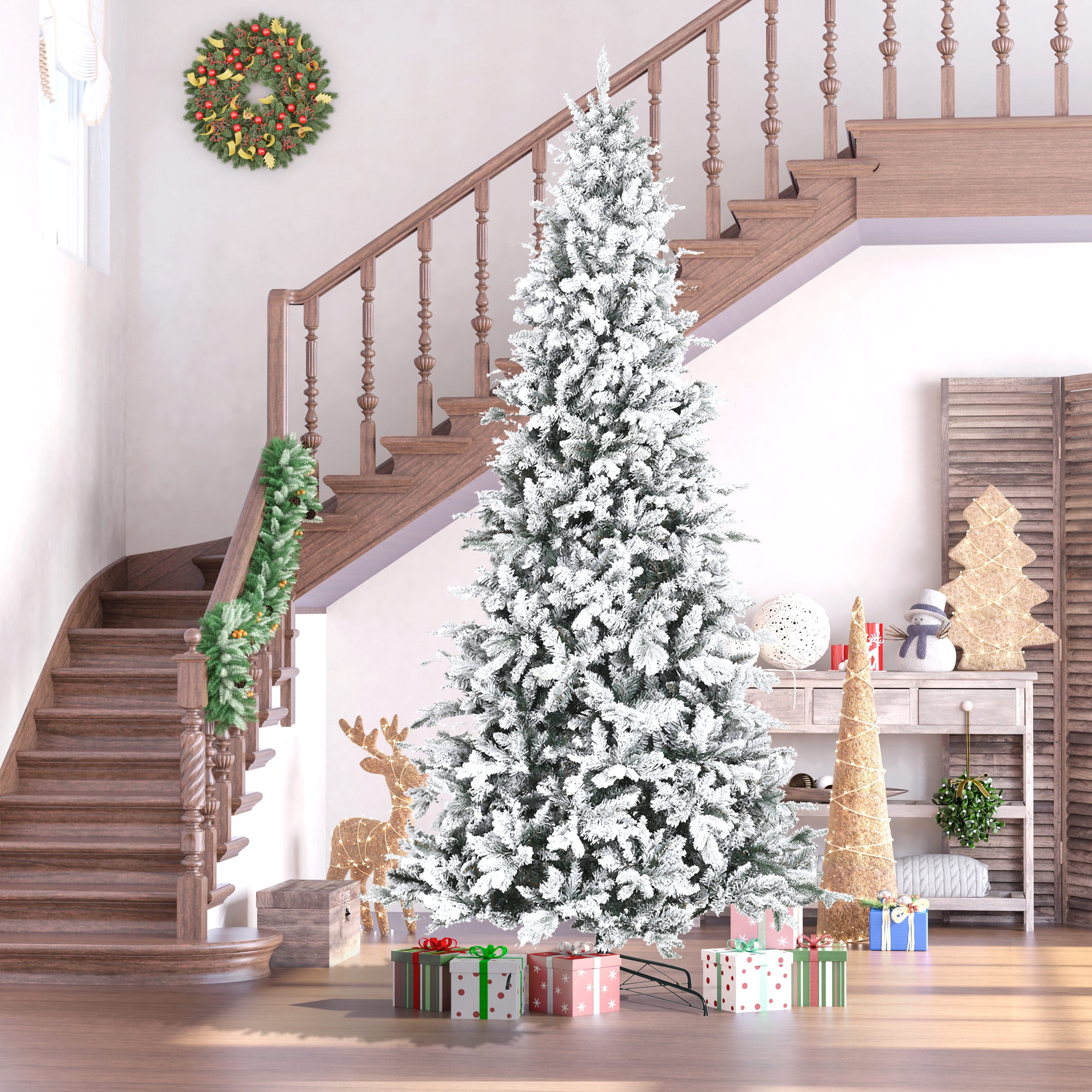 9ft Snow Flocked Christmas Tree 2068 Tips Auto-Open Branches Flame Retardant Indoor Decor