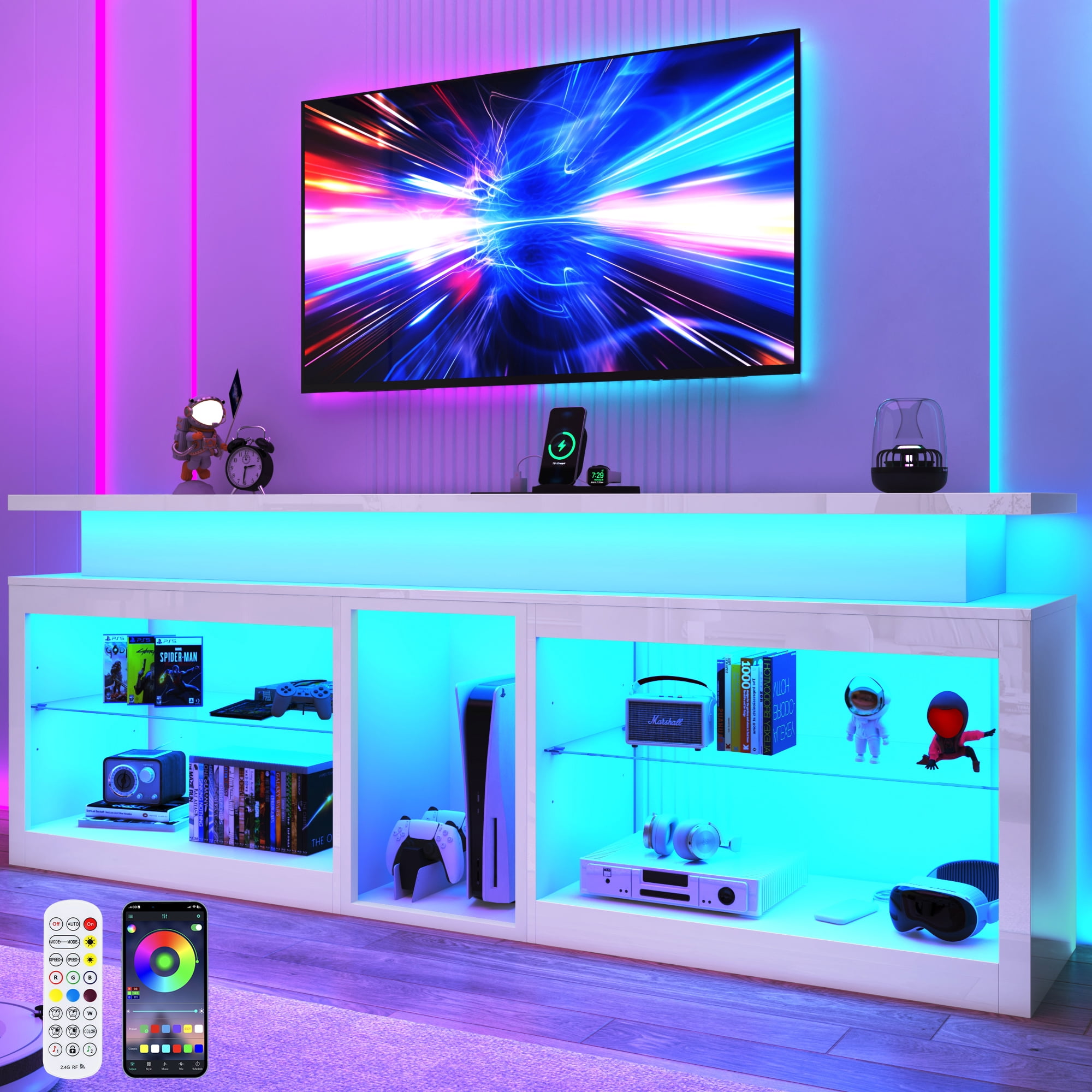 ChVans Modern LED TV Stand for TVs up to 80" with Adjustable LED Lights/Outlet, High Gloss Entertainment Center with Open Shelves Storage, Media Console TV Stands for Living Room, Game room, Bedroom
