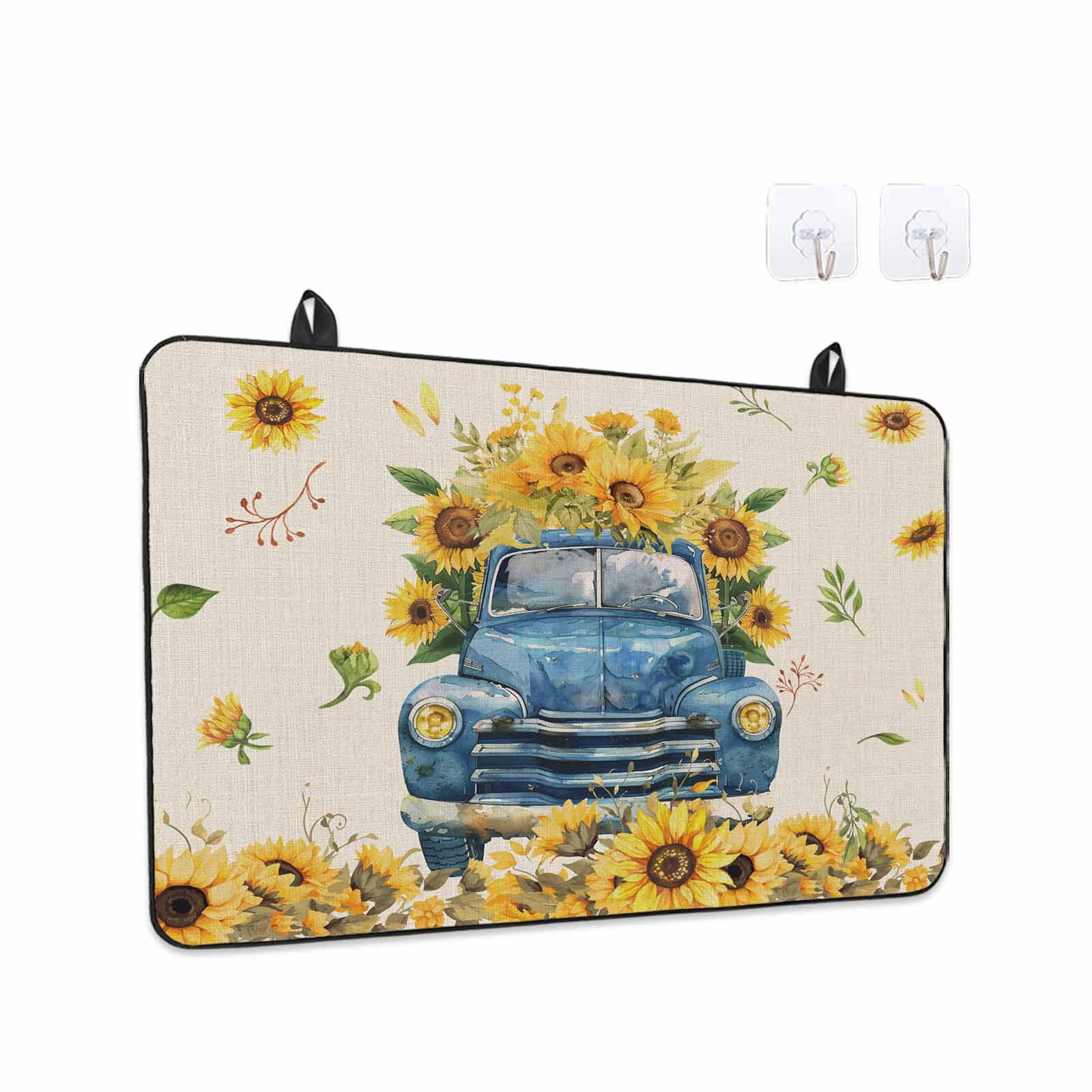 Sunflower Stove Top Cover for Electric Stove, Heat-proof & Non Slip Glass Top Stove Cover Protector, Watercolor Summer Floral Truck Vintage Kitchen Flat Cooktop Rubber Mat 31x24 Inches