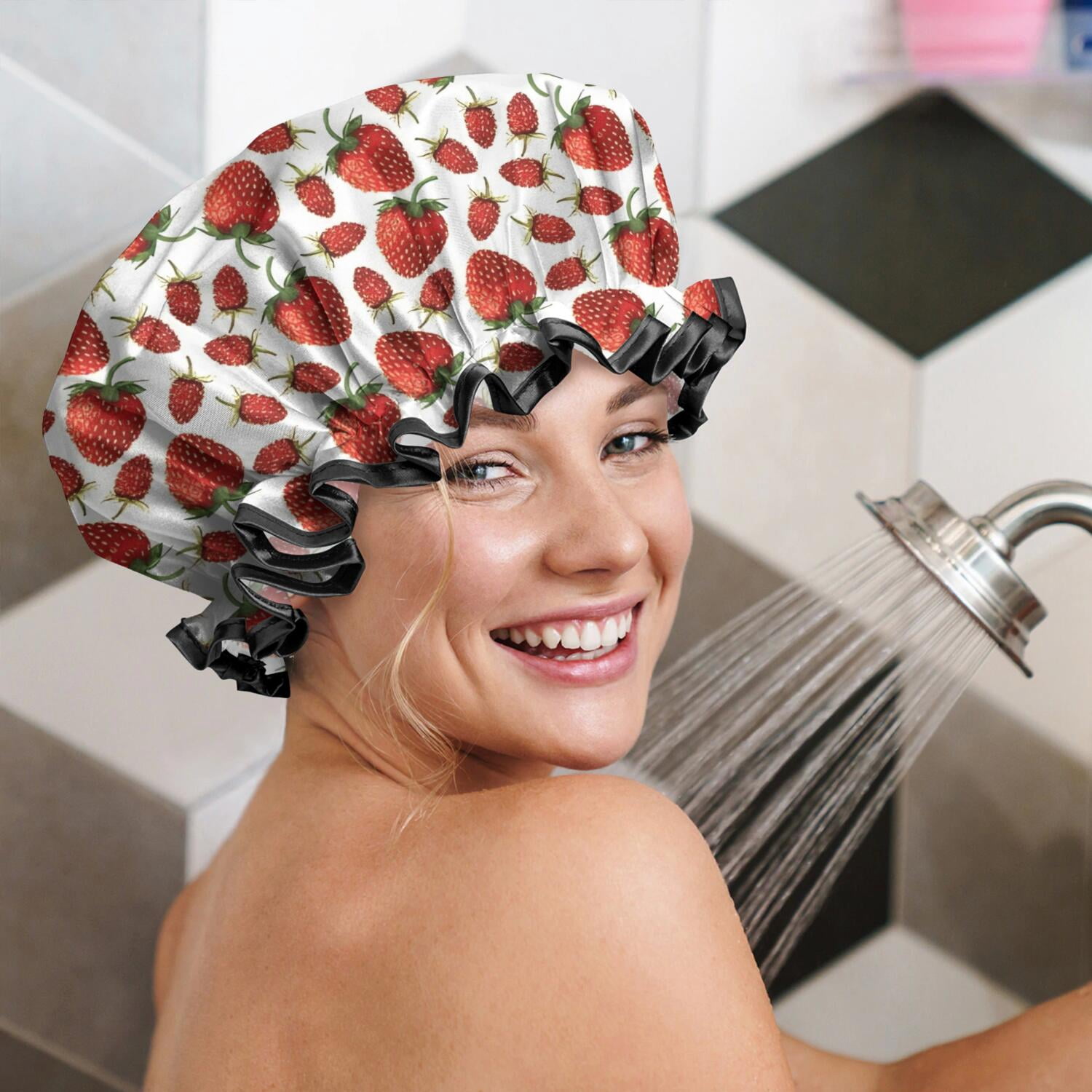 Shower Caps,Red Strawberry Plants Fruit White Pattern Waterproof Shower Cap for Women 4 Pieces,Double Reusable Hair Cover for Shower PEVA Elastic Stretch Hem
