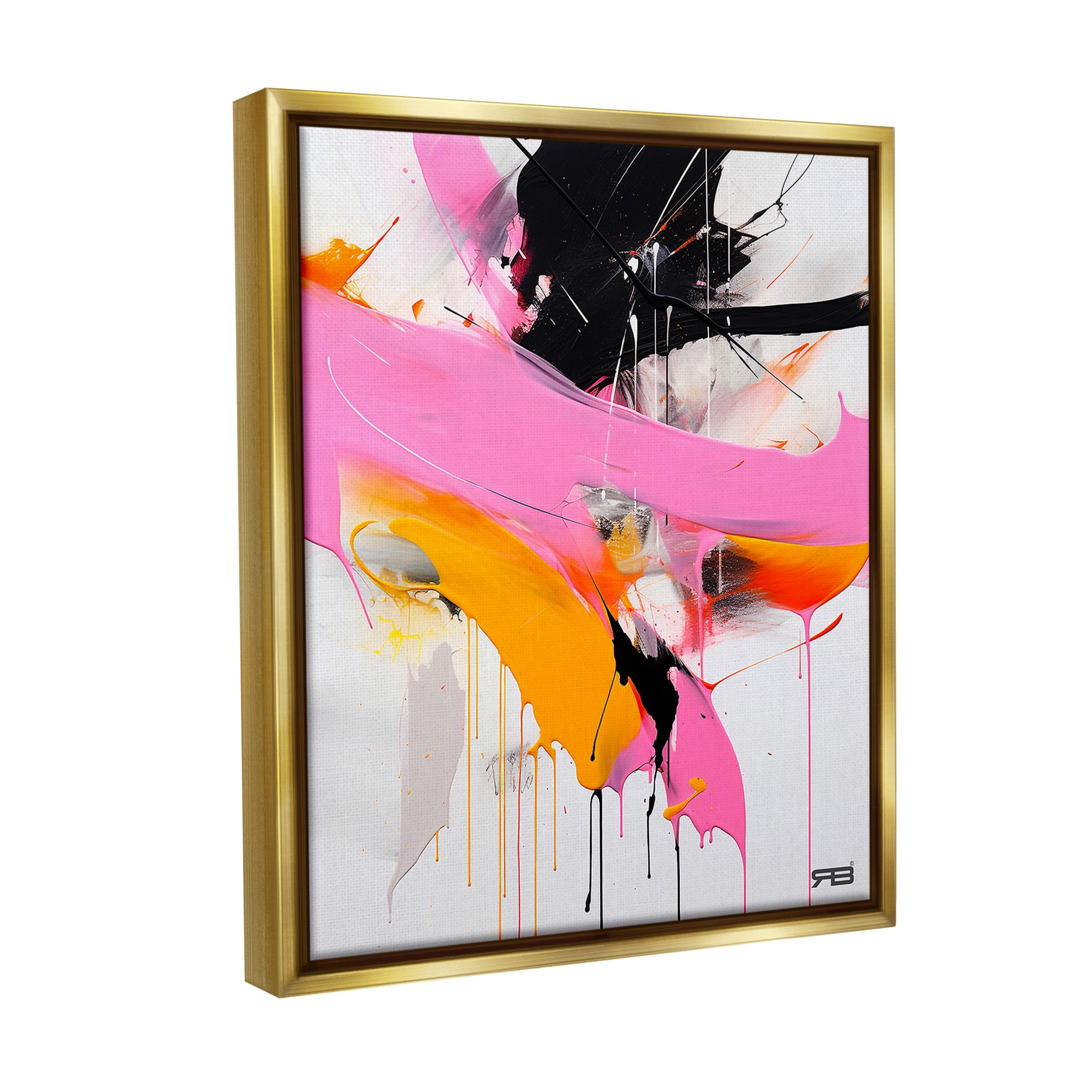 Stupell Industries Pink & Black Contemporary Abstract Painting Gold Floater Framed Canvas Art Print Wall Art, 25 x 31
