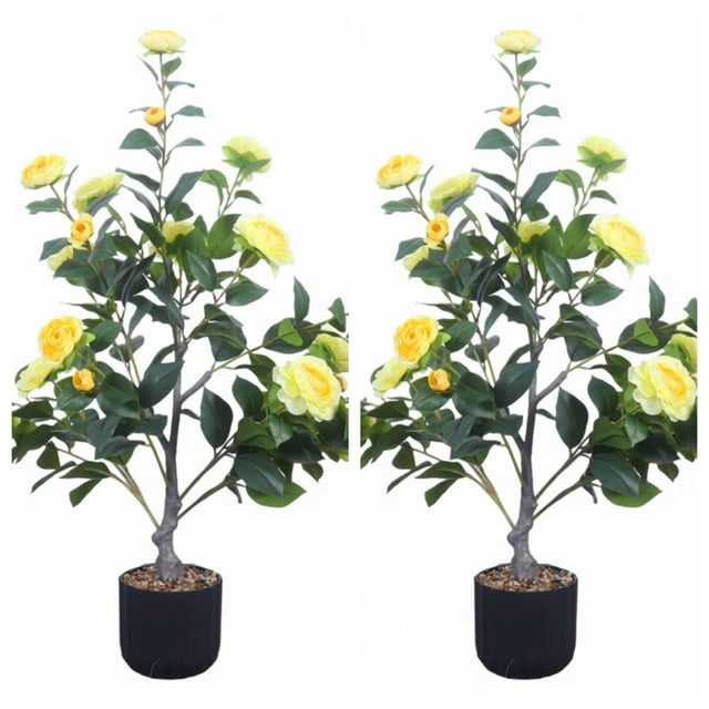 36'’ Artificial Camellia Tree,2 Pack Flower Plants Artificial Tree, Faux Floral Plant Blooming Tree In Pot