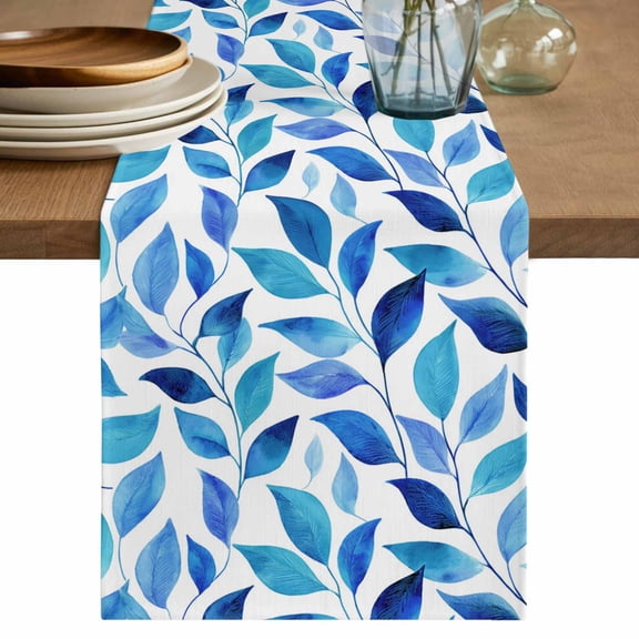 Table Runner 108 Inches Long for Kitchen Dining, Spring Leaves Dresser Scarf Farmhouse, Dining Table Decorations for Wedding/Parties, Blue Plants Country Botanical Leaf 13 x 108 In