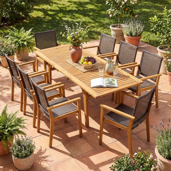 Costway 9 PCS Expandable Patio Dining Set with 1.97” Umbrella Hole & 8 Armchairs for Garden
