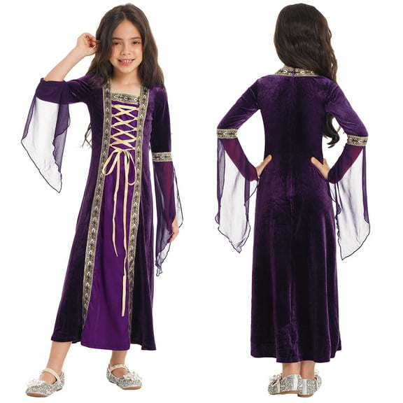 YONGHS Kids Girls Renaissance Vintage Maxi Dress Gothic Medieval Costume Halloween Fancy Dress up Purple 16