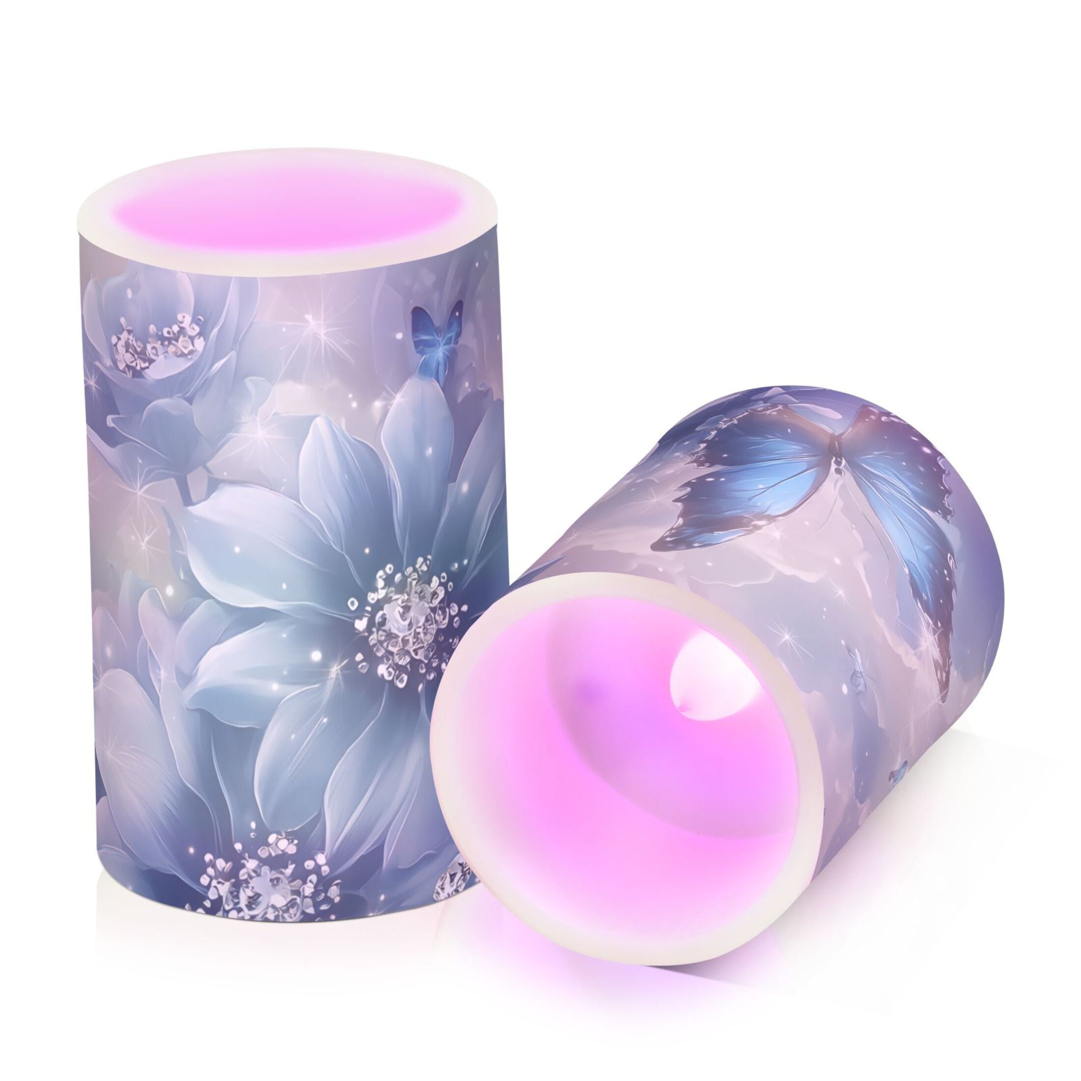 Blue Butterflies Flowers Clouds Flickering Flameless Candles LED Tealight Battery Operated with Remote Set of 2 Holiday Decor Ornaments