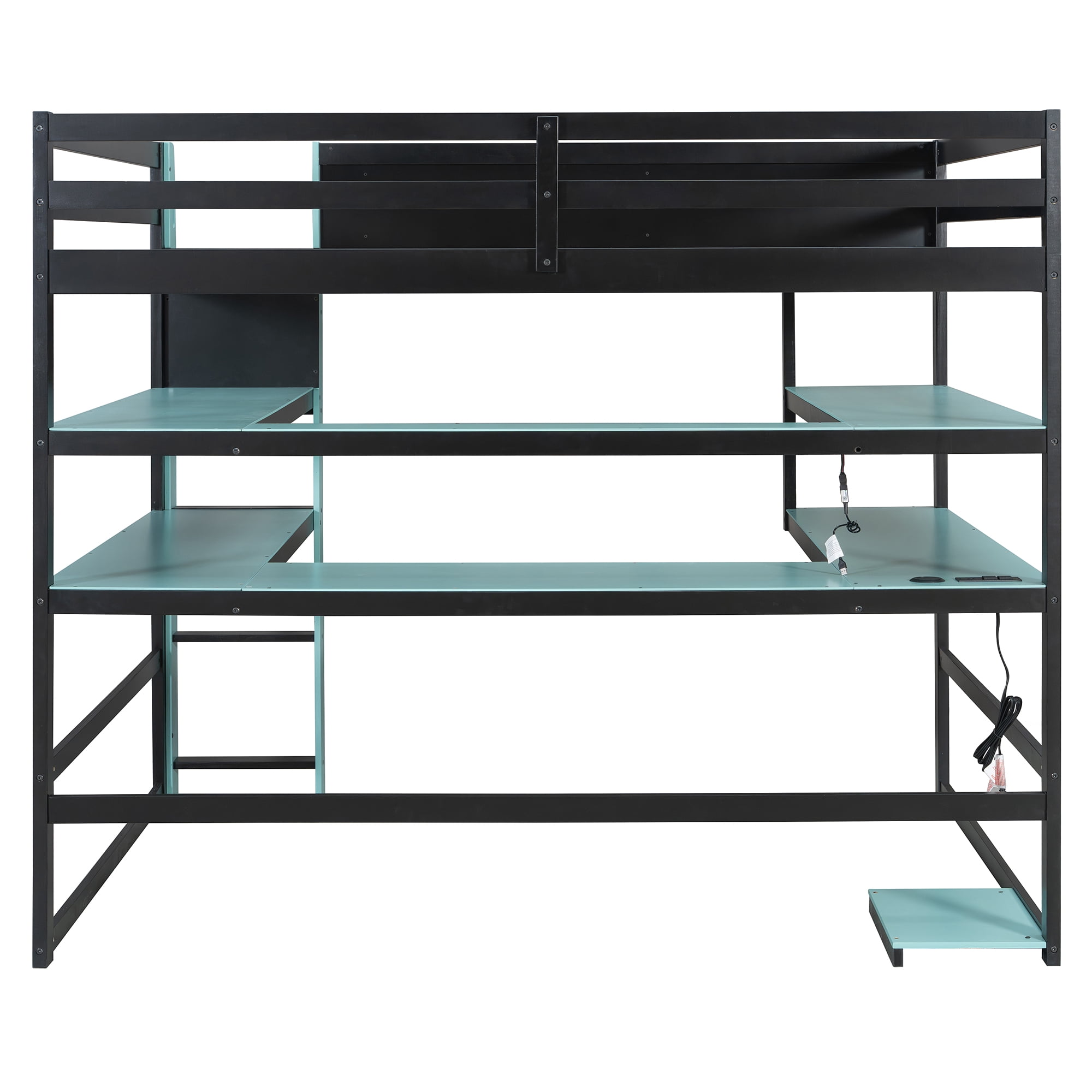 Mintazer Full Size Gaming Loft Bed with U-Shaped Desk & LED Lights, Modern Bed Frame with Shelves & Charging Station for Dorm Bedroom Apartment, Black & Blue
