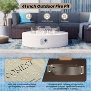 VENTOPYR Outdoor Propane Fire Pit Coffee Table w Terrazzo White 40.5-inch Round Base Patio Heater, Wind Guard, Transparent Gray Fire Glass, Rain Cover