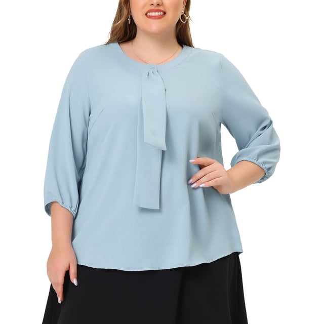 Agnes Orinda Women's Plus Size Tops Work Round Neck Ruffle Chiffon Blouse Office Top 3X Baby Blue