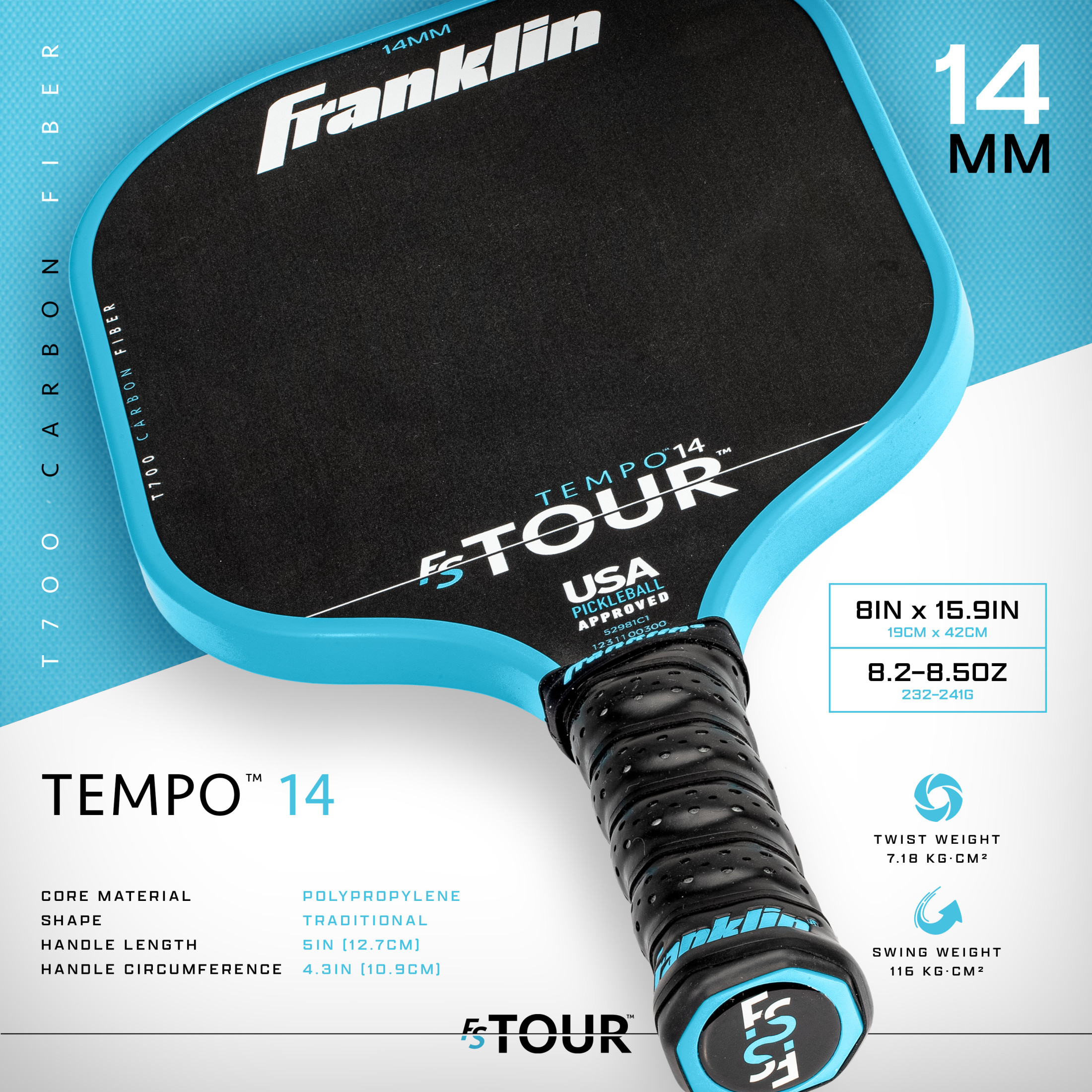 Franklin Sports Pro Pickleball Paddles - FS Tour Series Carbon Fiber Pickleball Paddles - Official USA Pickleball (USAPA) Approved Paddles - Tempo Pro Player Paddle - 14mm Polymer Core - Blue