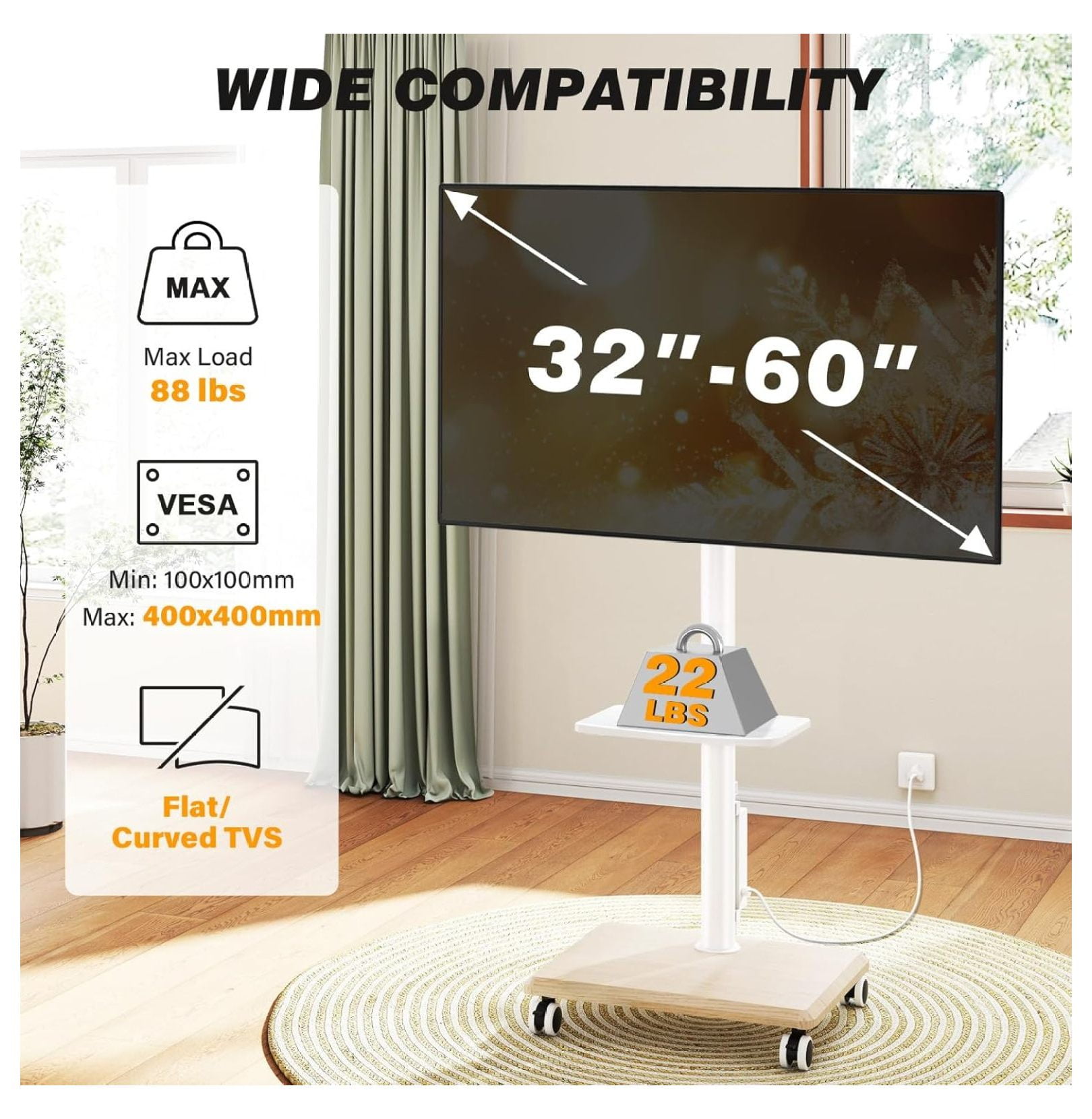 Rolling TV Stand with Power Outlet for 32-60 inch TVs, Swivel and Height Adjustable Mobile TV Stand with Shelf, Strong TV Cart on Wheels up to 88 lbs for Living Room, Bedroom and Office, White