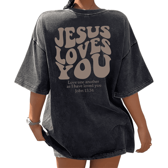 Black Print Tshirt Graphic Tees Cotton Shirts Trendy Neutral Brown JESUS LOVES YOU John 13:34 Christian Design Youth Faith Social Gathering Wear S-2XL Plain Tops