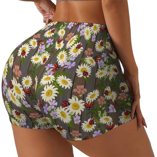 Fotbe Ladybugs And Flowers On A Wooden Shorts Sin Costuras – Shorts Deportivos de Cintura Alta para Mujer, Elásticos para Gimnasio, Yoga, Running o Ciclismo-Large
