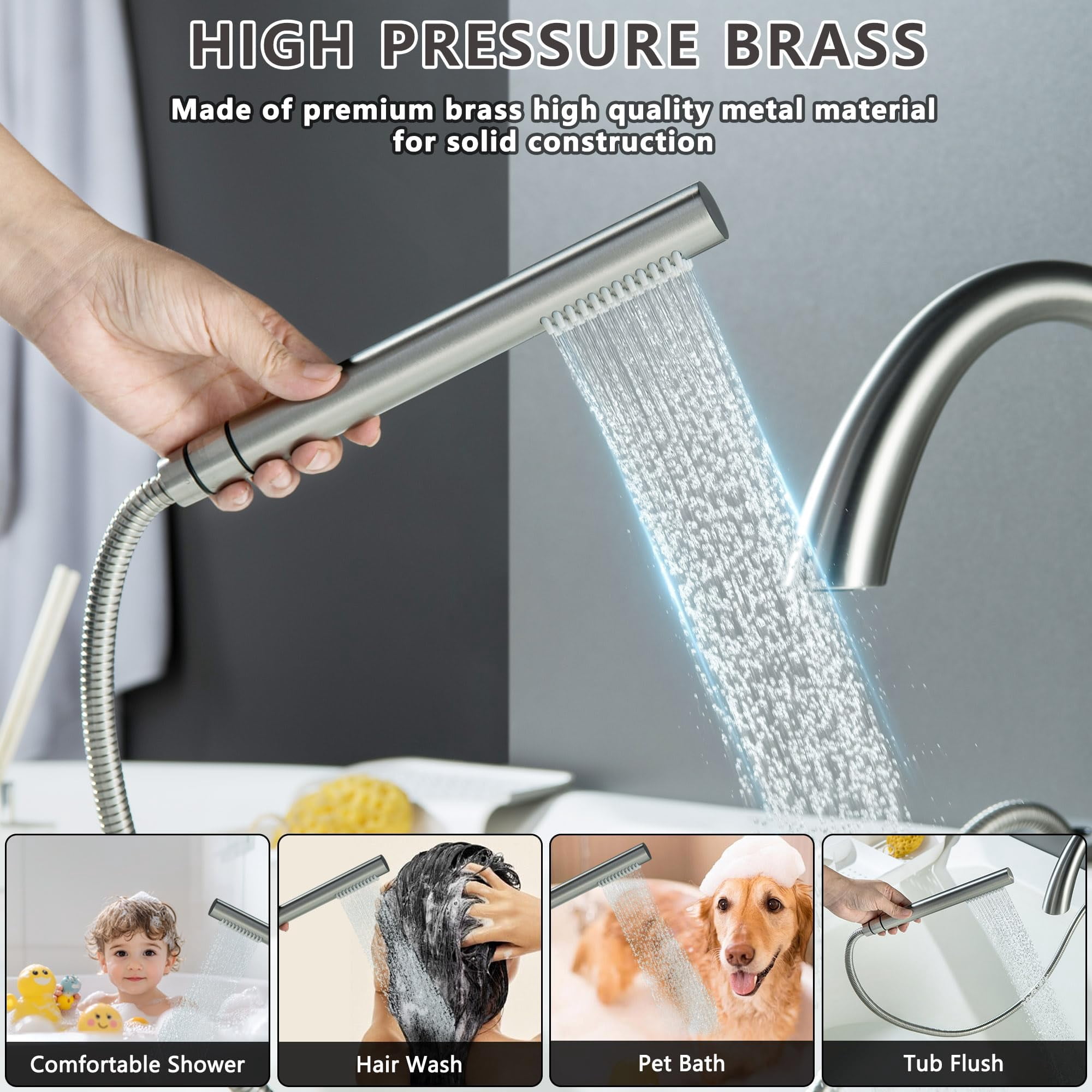 Roman Tub Faucet With Hand Shower 3 Hole Deck Mount Filler Bathtub Sprayer High Flow Set Brush Nickel