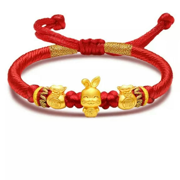K-KED 1pcs Real 24K Yellow Gold Bracelet For Women Zodiac Rabbit and Blessing Bag -2pcs bag and rabbit
