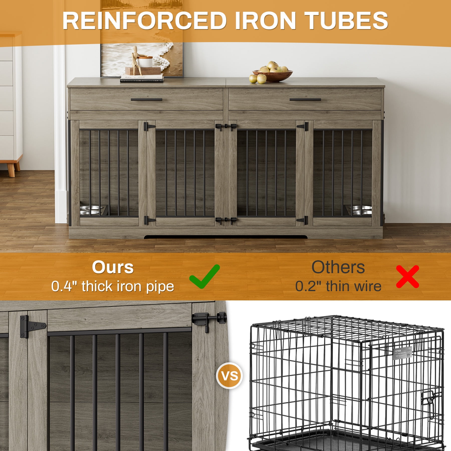 WIILAYOK 72.05" Dog Crate Furniture, Wooden Dog Kennel with 2 Drawers and 4 Dog Bowls, Heavy Duty Indoor Furniture Style Dog Cage House(Grey)