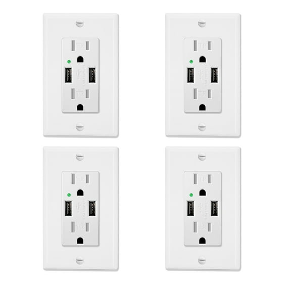 Greencycle 4.2A USB Receptacle Outlet with Dual USB Charging Ports and 2 Tamper-Resistant AC Sockets (15A/125V/1875W), Wall Plate Included, UL listed, 4-Pack, White