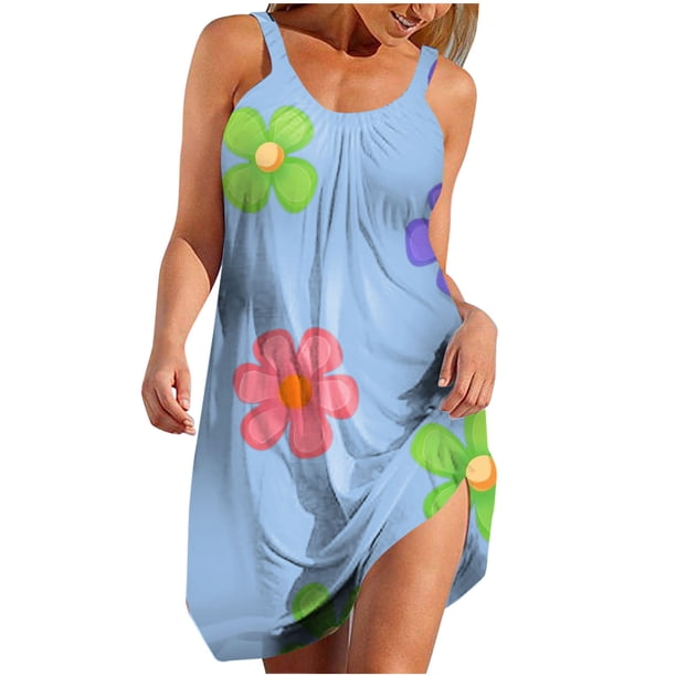 Vestidos de Verano Lindos para las Mujeres Que Imprimen Vestido de Sol Suelto con Cuello en V, sin Mangas con Bolsillos para el Uso Informal