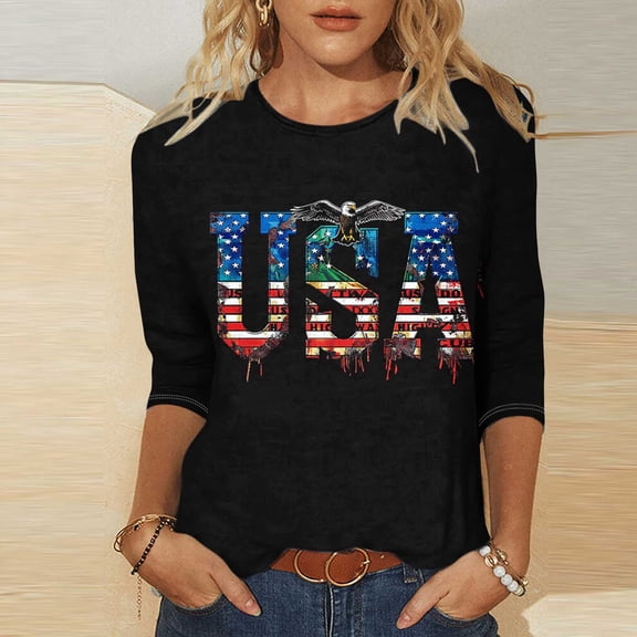 Cavosen USA Flag Shirts for Women Patriotic 3/4 Sleeve Crewneck Tops USA Star Striped Print T Shirts Lady XL Independence Day Casual Shirts Funny 4th of July Tunic Tees 2025 Patriotic Outfits
