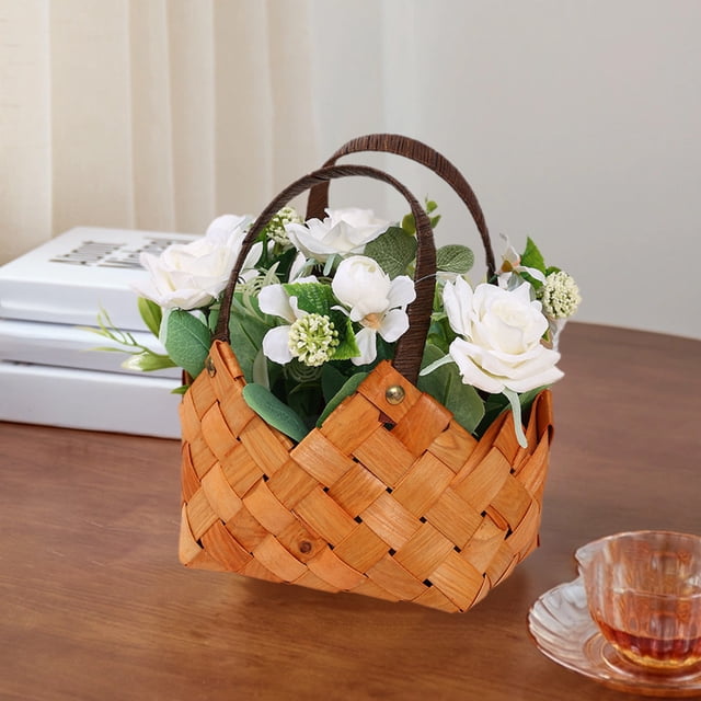 TIMIFIS Artificial Flowers In Basket,Wicker Rattan Basket with Fake Flowers Decorative Wicker Flower Basket with H andle for Home Wedding Birthday Decor(Include Basket and Flower)