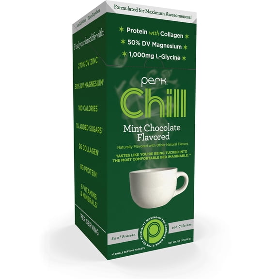 Perk Chill Drink Mix (Mint Chocolate) 10 Stick Packs – Calming Melatonin-Free Nighttime Sleep Aid Support with Magnesium & L-Glycine, Gluten-Free