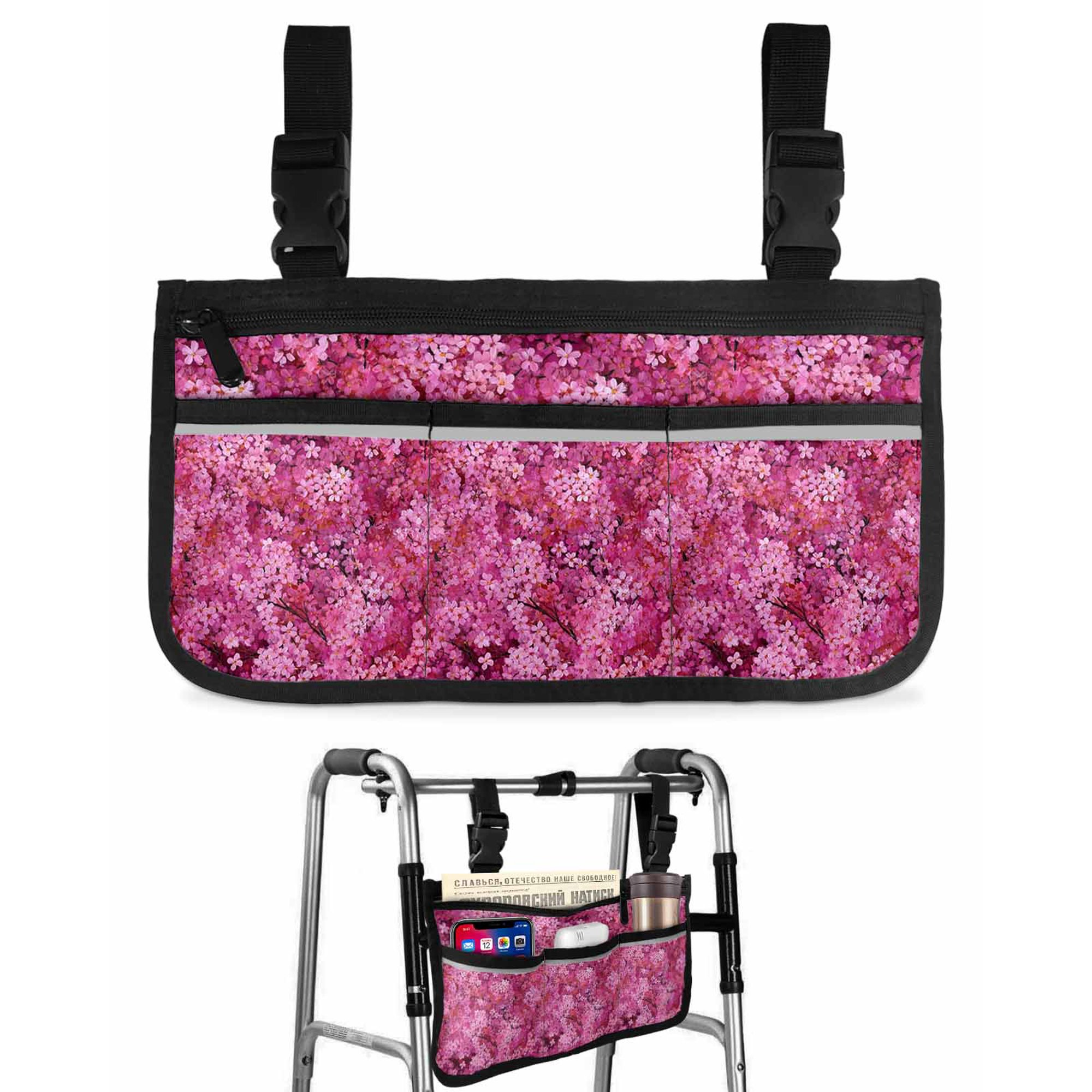 Cherry Blossoms Wheelchair Side Bag with Cup Holder, Modern Abstract Art Pink Cherry Oil Painting Wheelchair Armrest Bag Storage Pouch Adults, Seniors for Walkers, Rollator, Scooter