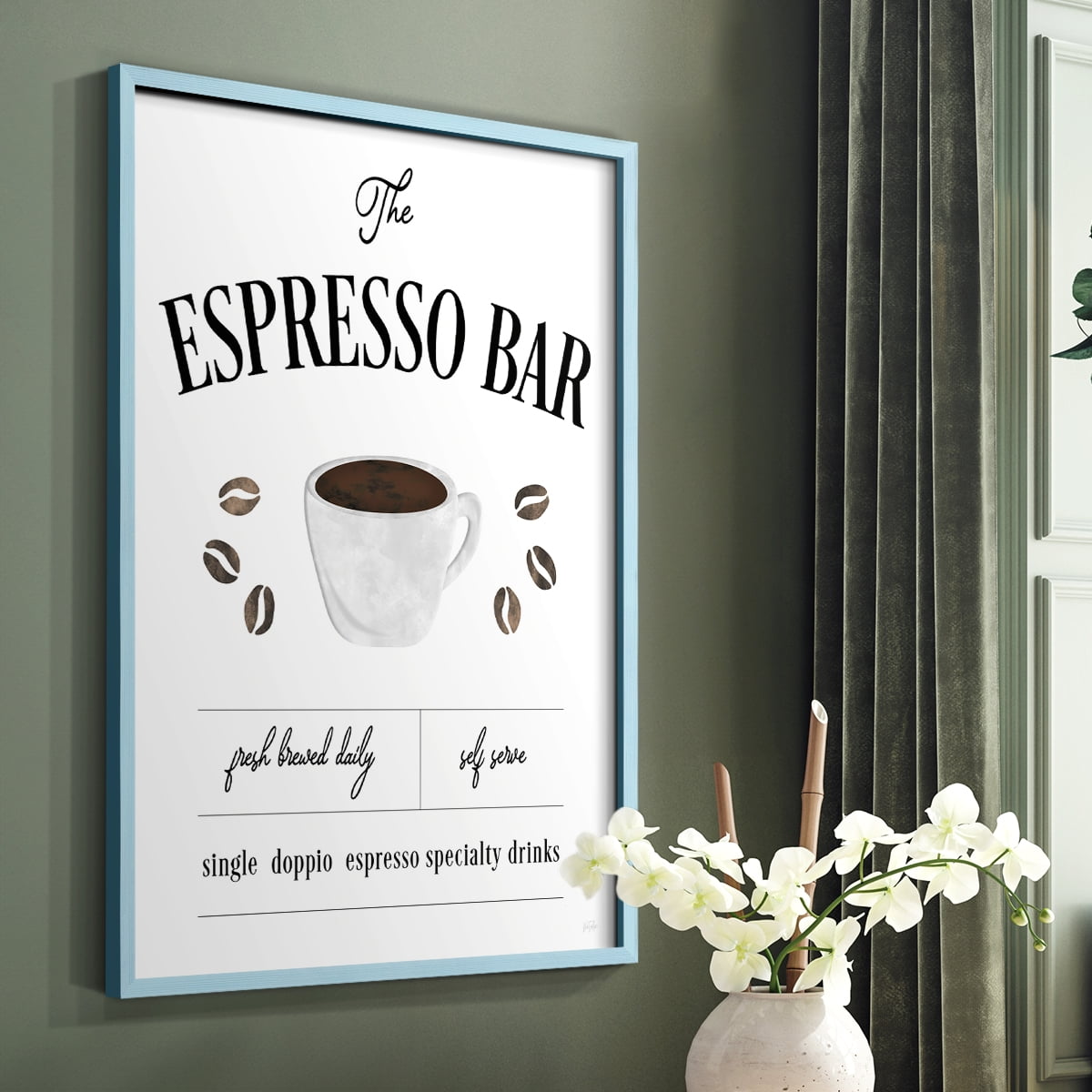 Fresh Brewed Espresso Bar in Blue Solid Wood 11 x 14 Framed Print
