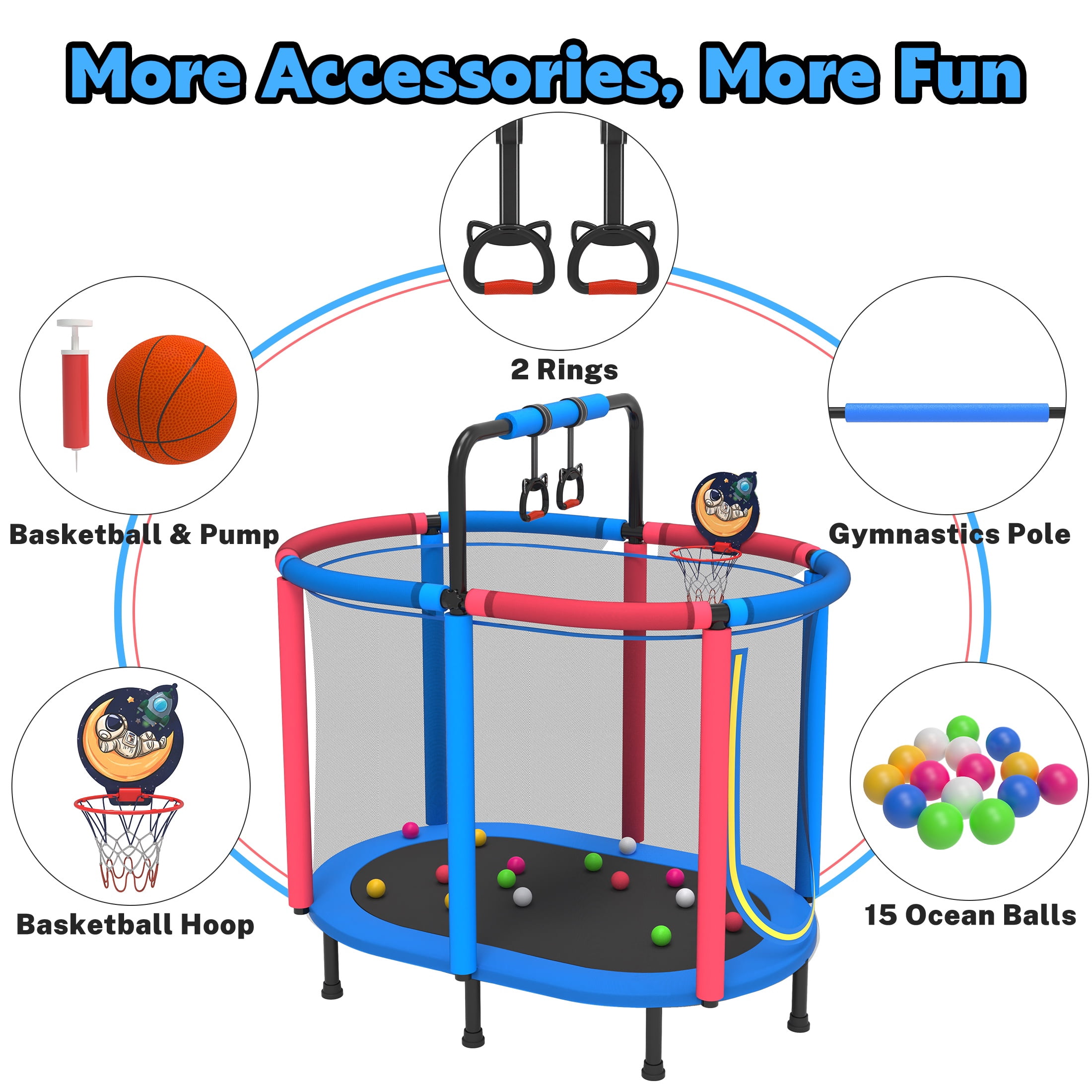 60" Toddler Trampoline with Enclosure Net, Kids Trampoline with Basketball Hoop, SHINPT Indoor Trampoline for Kids, Small Trampoline with Ocean Balls, Mini Trampoline with Rings, Gift for Boys Girls