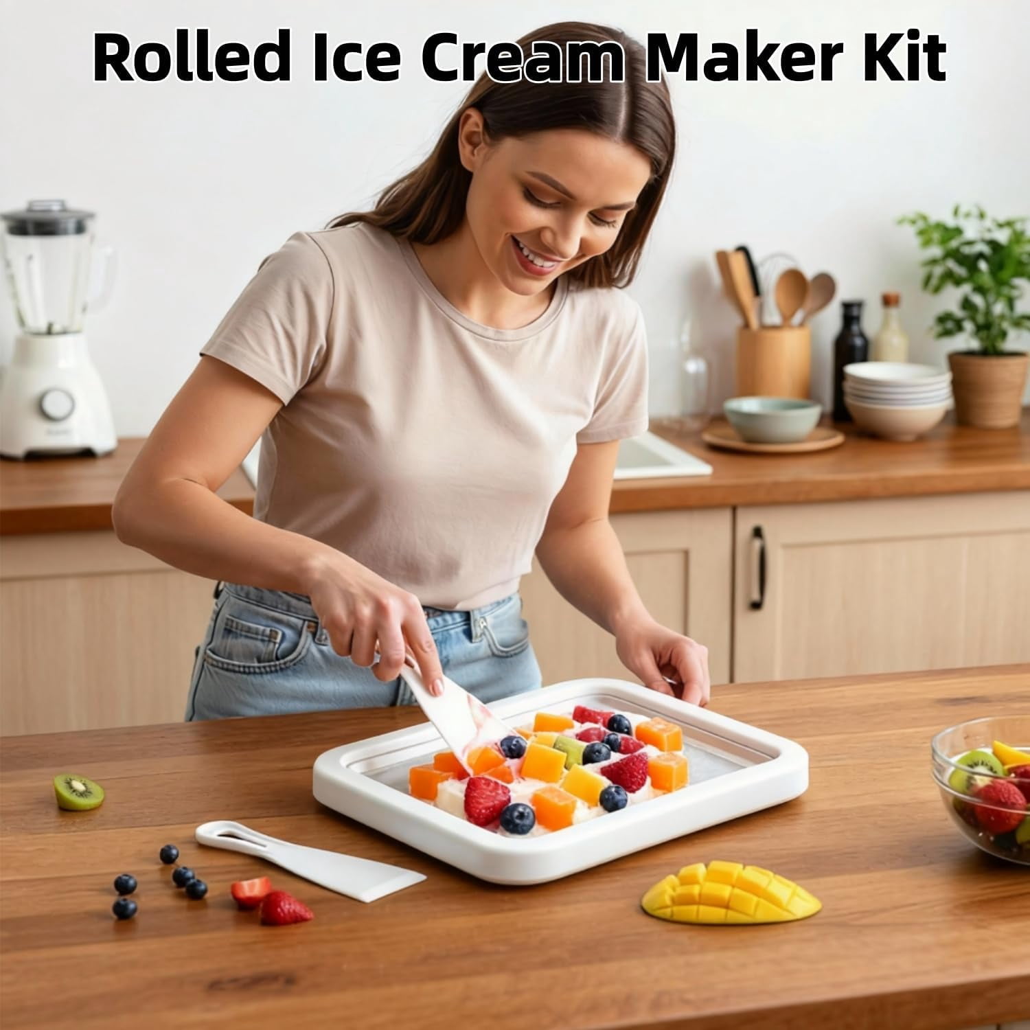 Rolled Ice Cream Maker Kit, 2026 New At-Home Stainless Steel Instant Freeze Plate with 2 Scrapers, DIY Rolled Ice Cream Tray, Perfect for Family Fun, Easy Homemade Desserts (White)