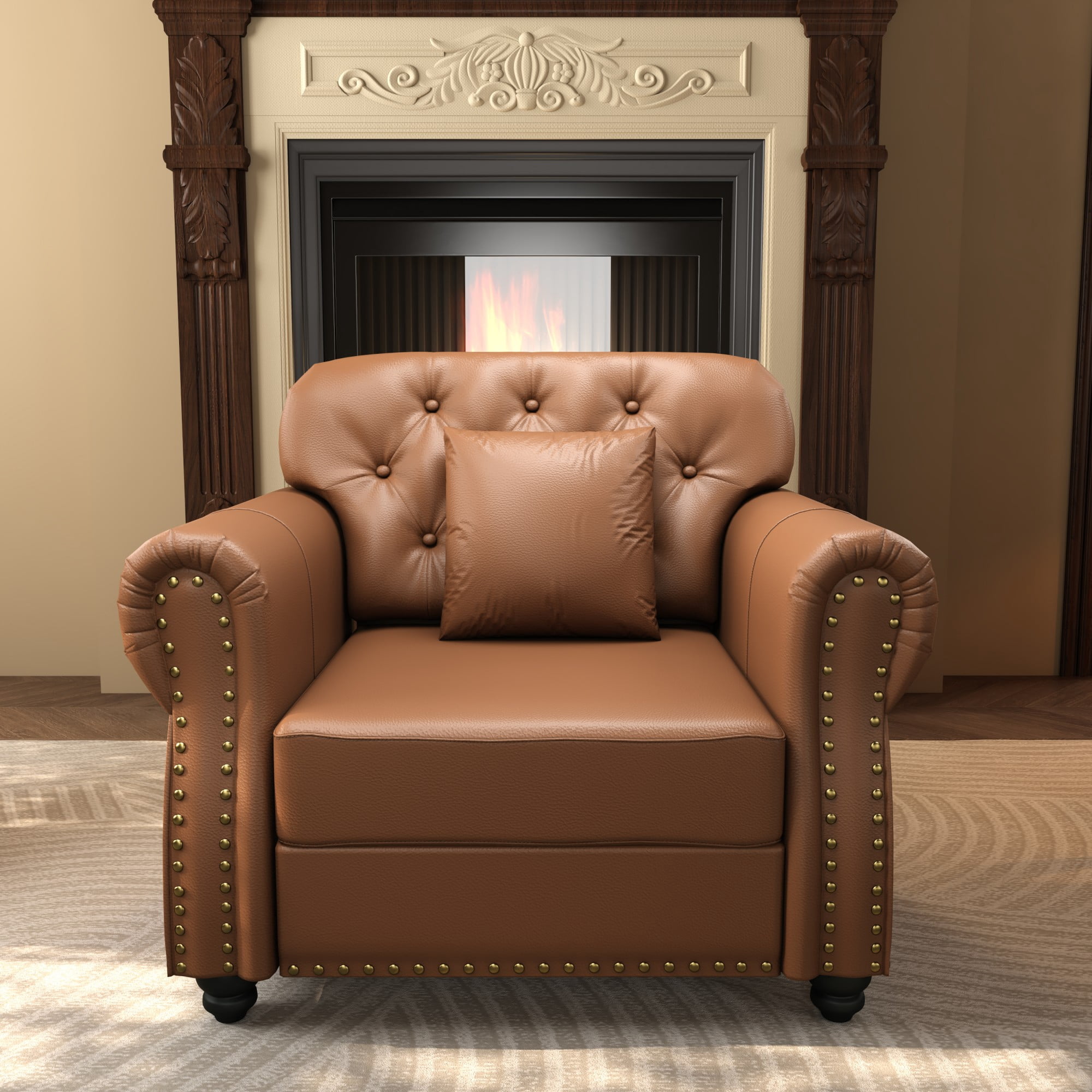 AENKYO 41.3" Faux Leather Chesterfield Chair, Mid-Century Tufted Accent Armchair with Nailhead Trim & Pillow, Brown