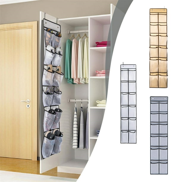 Zapatero para Colgar Sobre La Puerta con 12 Bolsillos Grandes de Malla. Ideal para Colgar En La Puerta Del Armario. Admite Zapatos de Hombre Hasta Talla 43. Color Blanco, Beige y Gris.