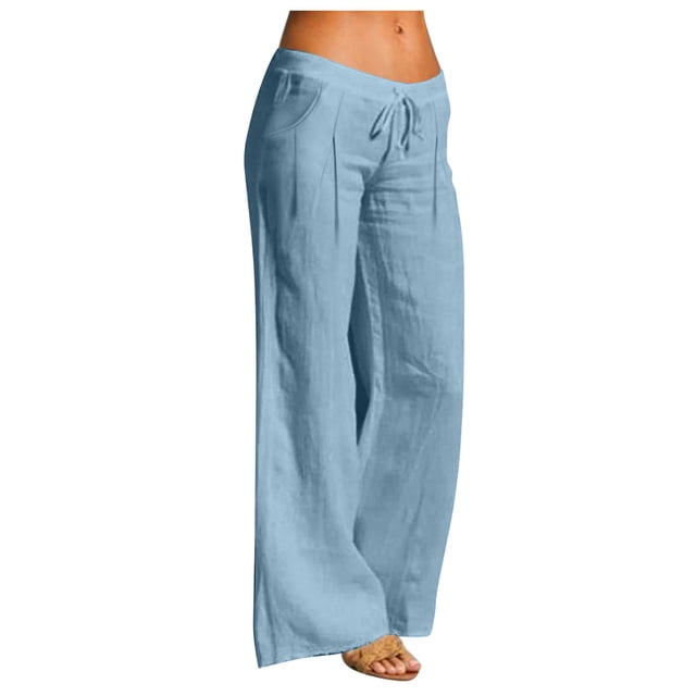 Pantalones de Lino de Mujer con Bolsillos Cintura Alta Suelta Pata Recta, Color Sólido Plisado Pantalones Largos Casuales