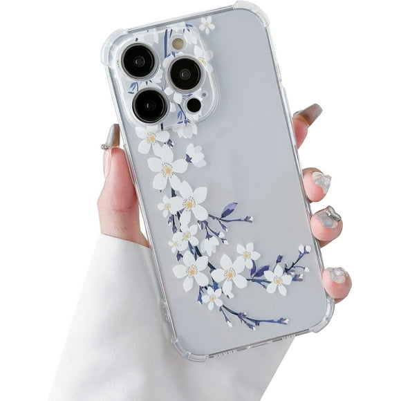 UTAH-Soft Case Compatible with iPhone 14 Pro, Clear Floral Flower Pattern Print Design Flexible TPU Shockproof Cover for Women Girls,Flower Protective Phone Case, White Pear Blossom