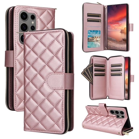 for Samsung Galaxy S24 Ultra Wallet Case, Multi-Functional Zipper Purse Case, with Flip Stand Card Holder PU Leather Phone Cover with Lanyard & Wrist Strap for Samsung Galaxy S24 Ultra, Rosegold