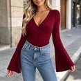 thumbnail image 2 of yillto Womens Sweater Wrap V Neck Flare Long Sleeve Knitted Ribbed Blouses Fashion Slim Sweaters, 2 of 6