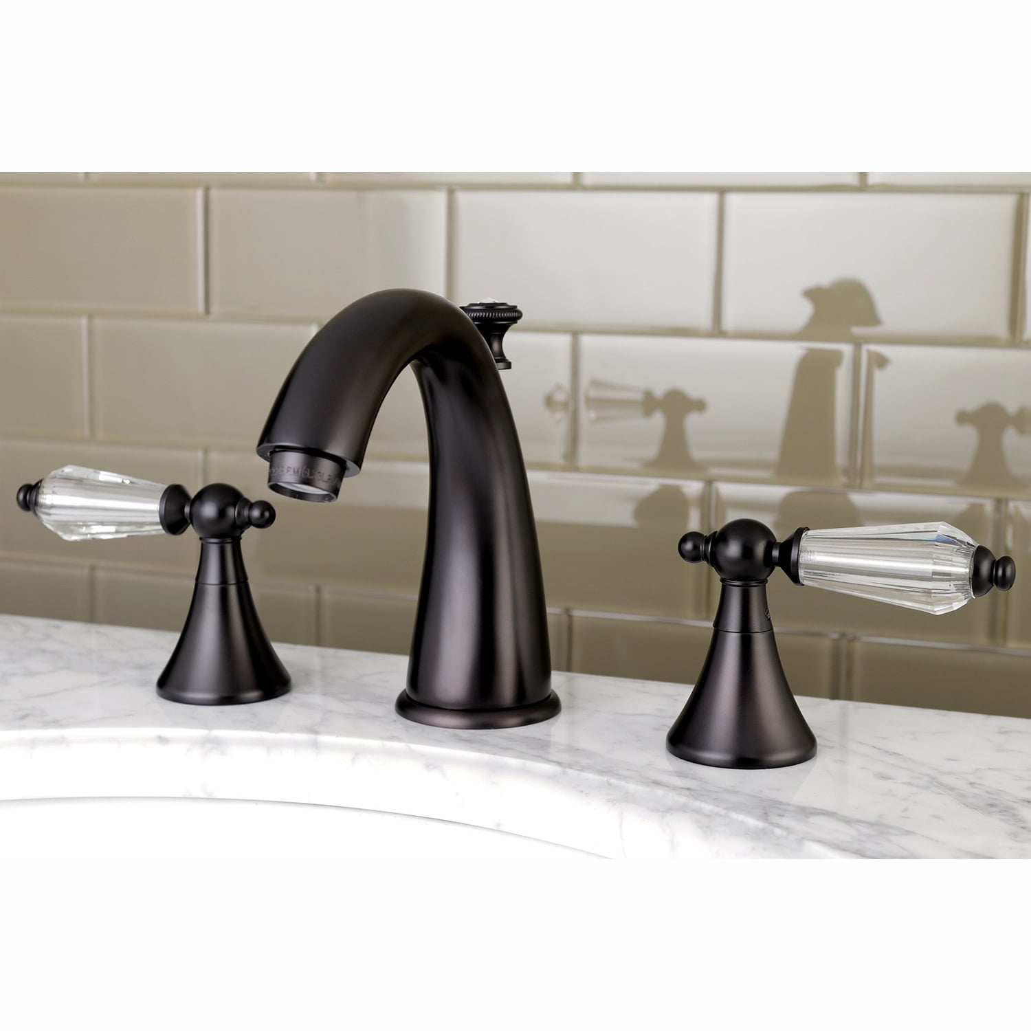 kingston brass ks2978wll widespread lavatory faucet with crystal lever handle, 5-1/2" in spout reach, brushed nickel