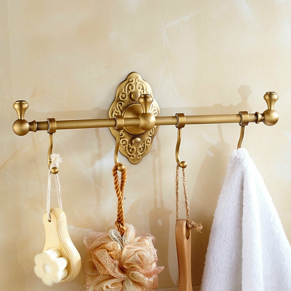 Vintage Towel Storage Shelf Brass Towel Bar Holder Wall-Mounted Rack W/ 4  Hooks 