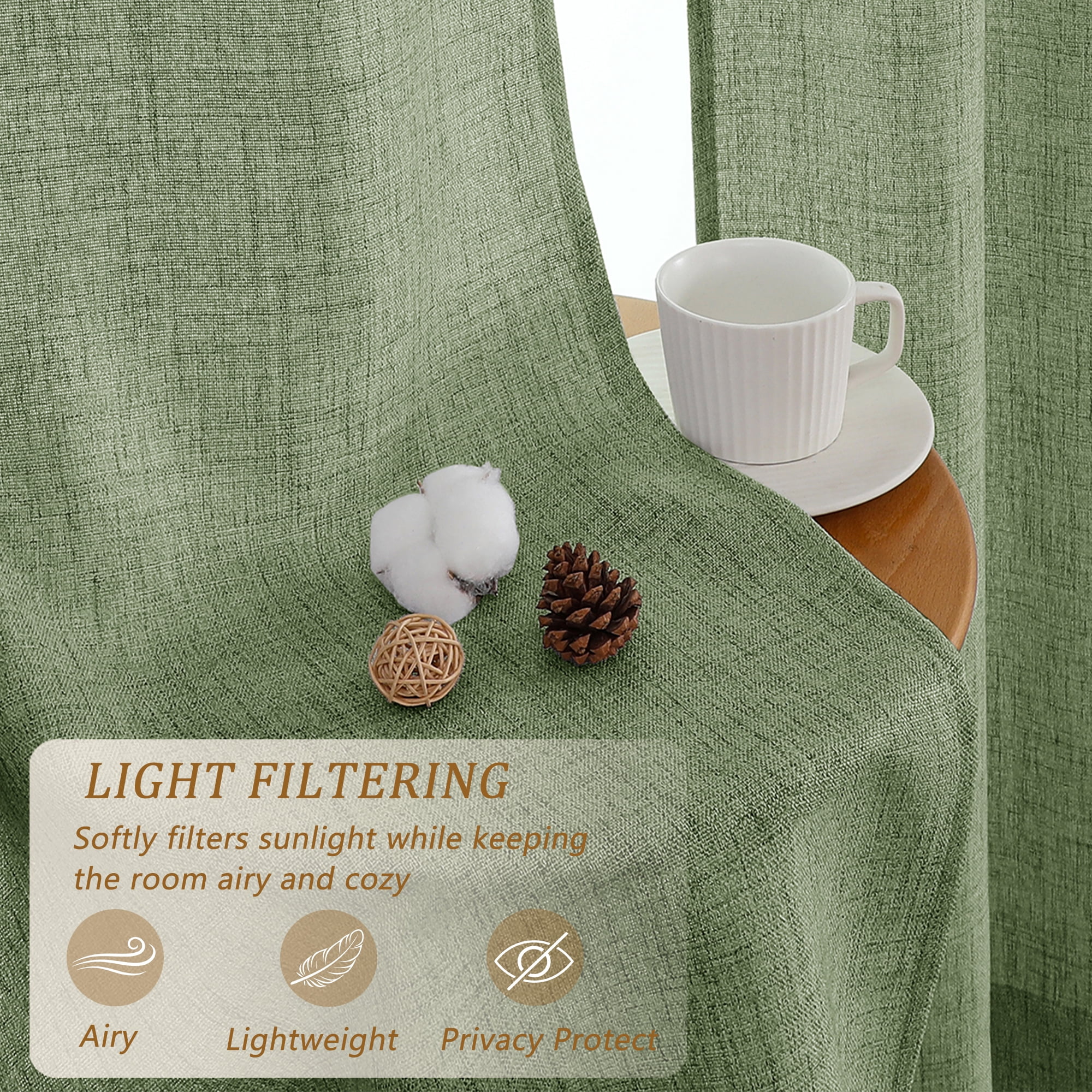Patin Green Curtains 2 Panels 52 x 84 Inch, Vintage Faux Linen Textured Light Filtering Airy Farmhouse Curtains, Privacy Rod Pocket Bedroom Window Drapes for Living Room Sliding Door