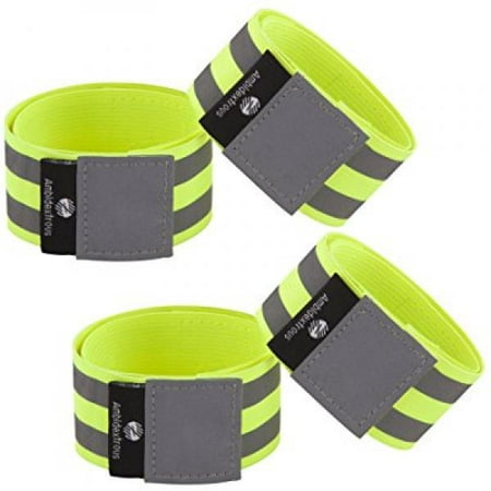 Ambidextrous Reflective Running, Bike, Walking Gear (4 Yellow Bands) | High Visibility Ankle Bands / Wristbands / Armbands for Women and Men | Safety Apparel With Adjustable Circumference from
