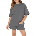 thumbnail image 4 of Coerni Girls Summer 2 Piece Outfit Plain Kids Athletic Set Short Sleeve T Shirt Shorts Set Loose Sports Clothes Solid, 4 of 6