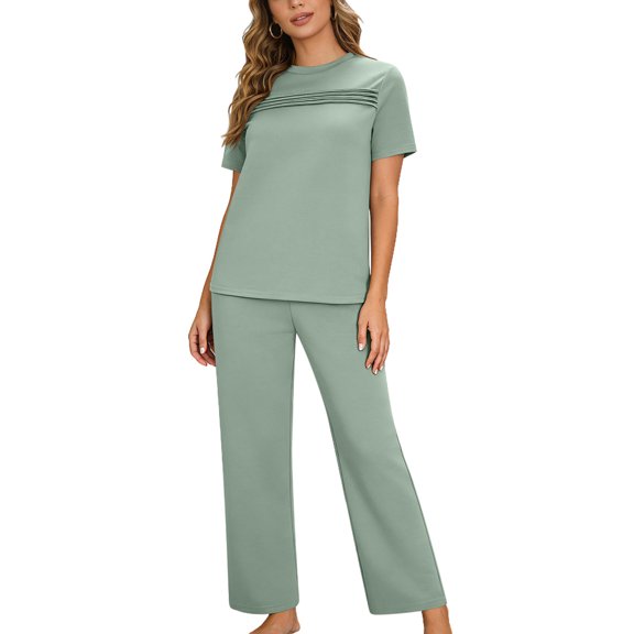 Levmjia Women's Casual Outfit Set Short Sleeve Pleated Solid Color Top and Pants Soft Polyester Comfortable Yoga Sports Daily Wear Spring Summer