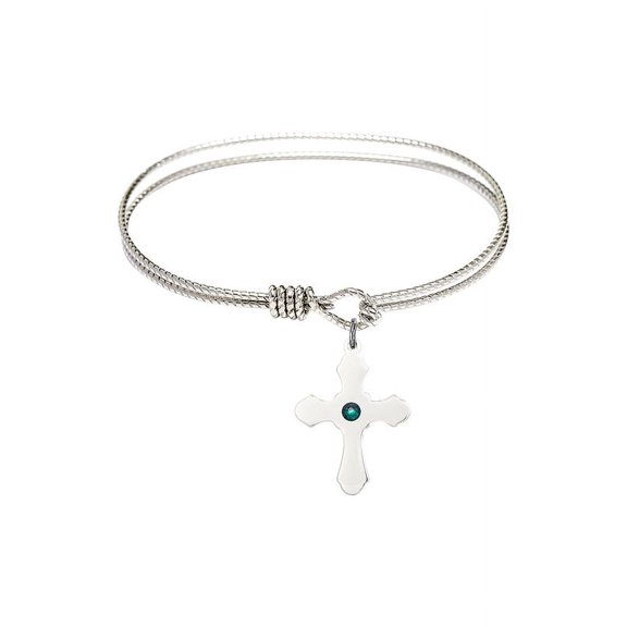 6 1/4 inch Oval Eye Hook Bangle Bracelet w/ Cross medal charm w/ May Green Swarovski Crystal