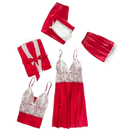 50% off Clear! HAPIMO Discount 4 Piece Pajamas Set for Women Silk Lace Robes Plush Fleece Sleepwear Soft Warm Bathrobe Housecoat Pajamas Dress Babydoll Nightgown Red M