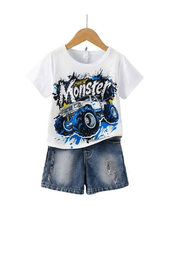 7-8 Years Big Boys Clothes Cool Car Print Graffiti Letter Casual Tee Ripped Jeans Demin Shorts 2Pcs Summer Outfits From 3-8Y White