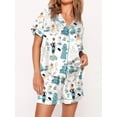 thumbnail image 2 of Women Cute Two Piece Pajama Set Y2K Print Satin Short Sleeve Button Down Shirts Wide Leg Shorts Set Pjs Loungewear, 2 of 5