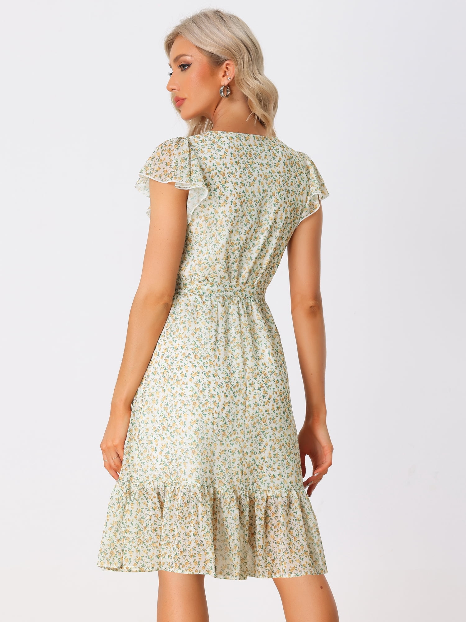 DARING DIVA Square Neck Flutter Sleeve A-Line Midi Dress L White Yellow