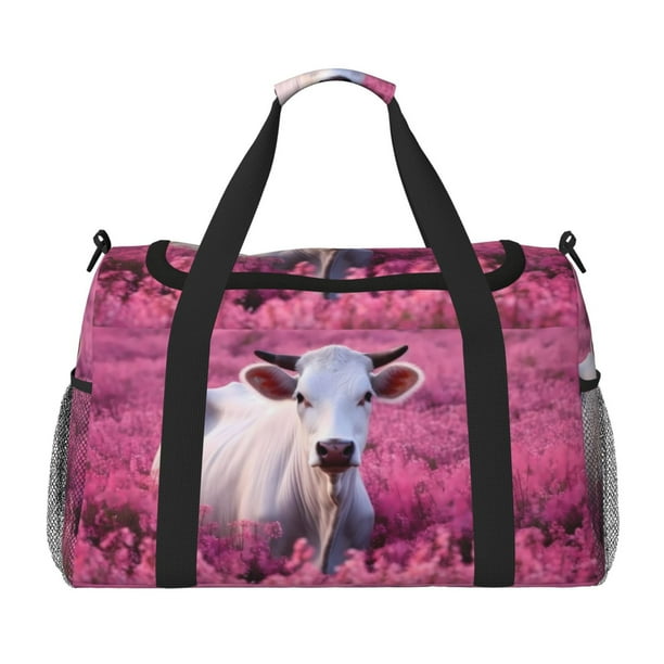 Disketp Flower Field Cow Bolsa de Viaje Tipo Duffle, Bolso de Mano para Fin de Semana para Mujer, Bolsa de Gimnasio Ligera para Hombre, Esencial para Viajes