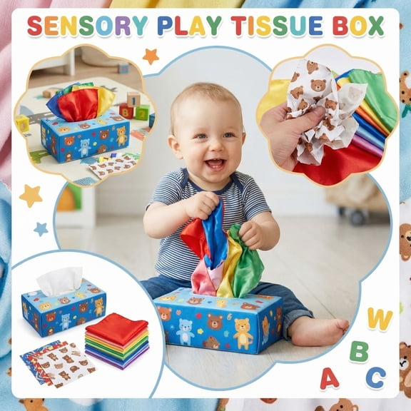 Cognitive Tissue Box Fabric Toys, Colorful Scarf ×10 & Double-Sided Sound Paper ×3